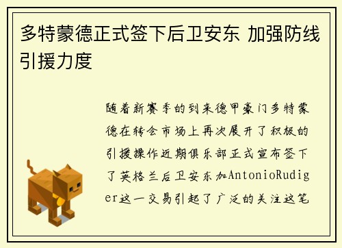 多特蒙德正式签下后卫安东 加强防线引援力度